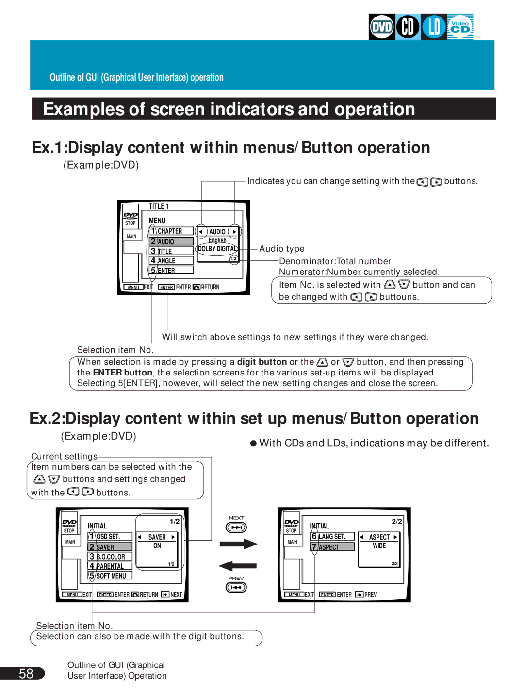 Pioneer DVL-V888 Ex.1Display content within menus/Button operation, Indicates you can change setting with the buttons 