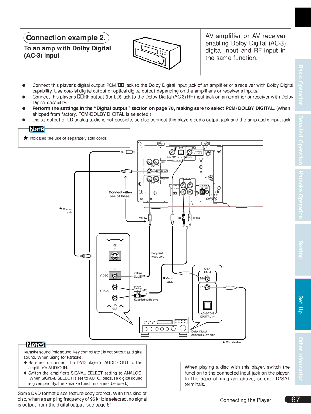 Pioneer DVL-V888 operating instructions To an amp with Dolby Digital, AC-3 input, Karaoke Operation Setting Set Up 