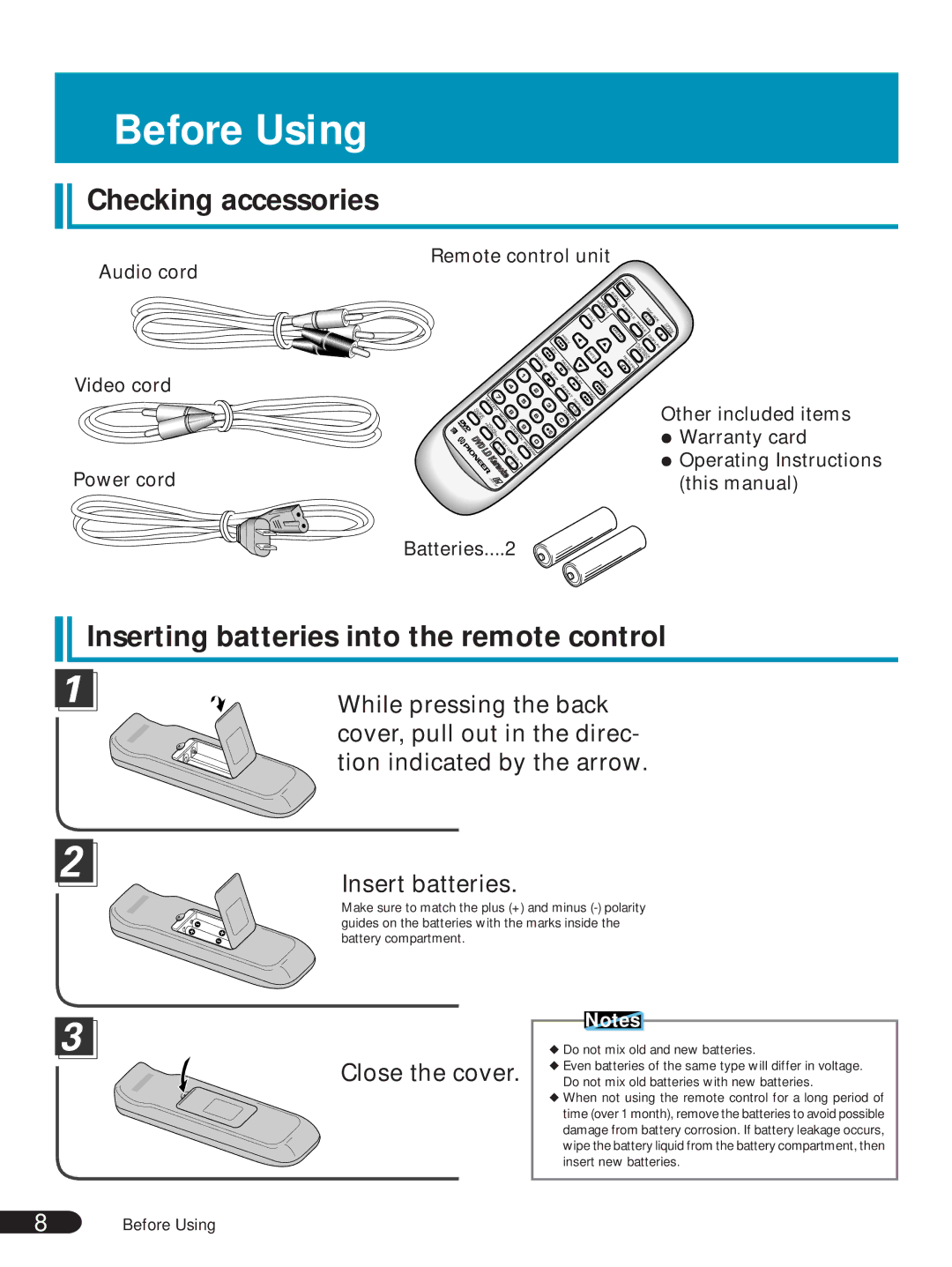 Pioneer DVL-V888 operating instructions Before Using, Inserting batteries into the remote control 