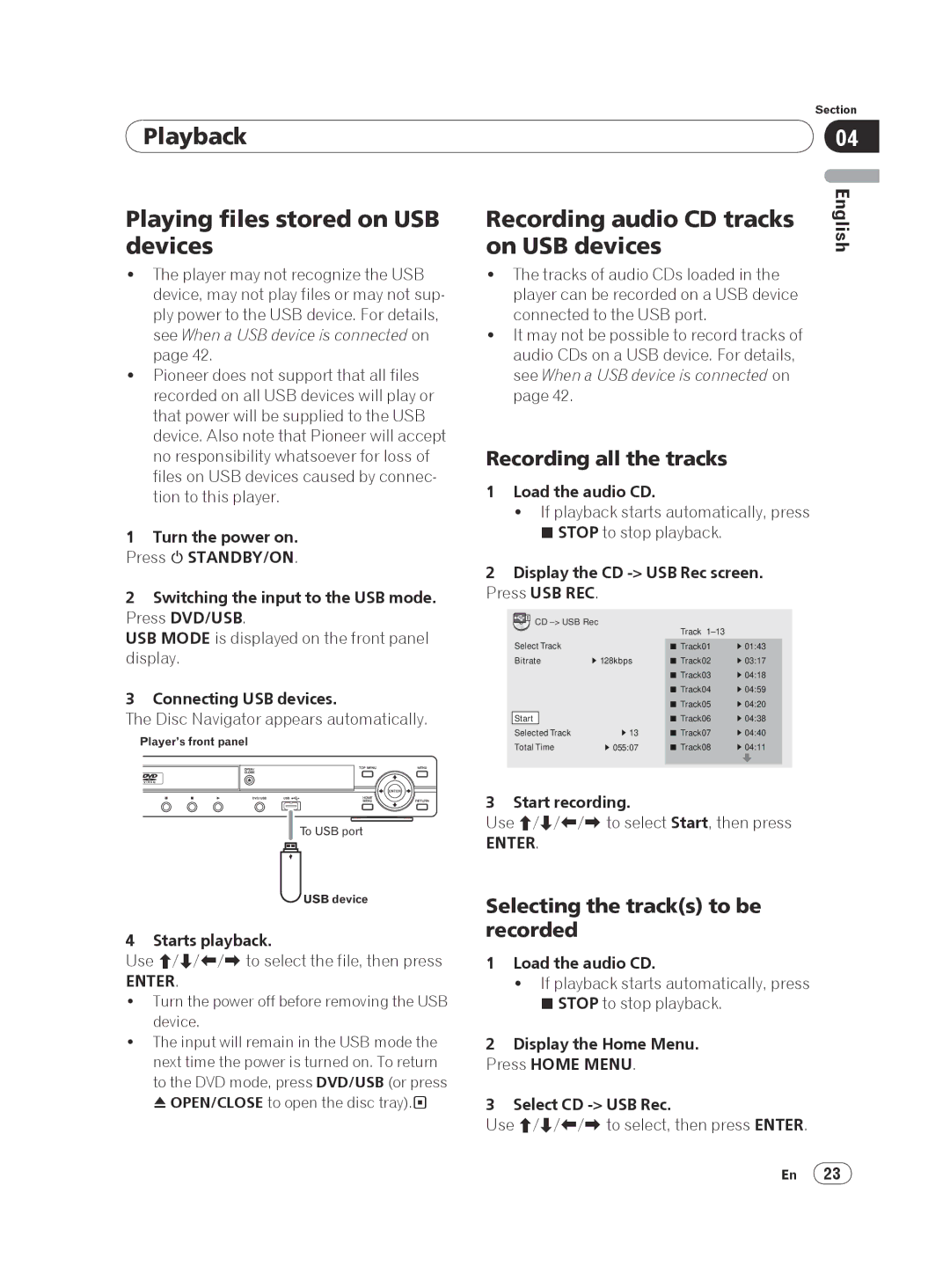 Pioneer DV-420V-K, DVP 420K Playback Playing files stored on USB devices, Recording audio CD tracks, On USB devices 