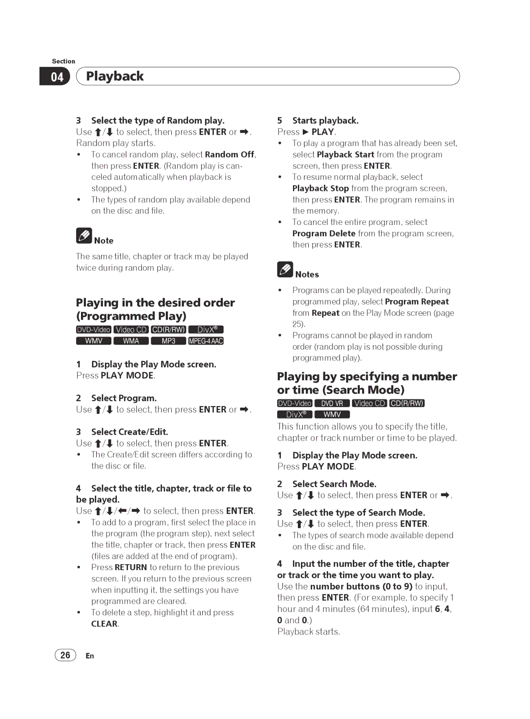 Pioneer DVP 420K Playing in the desired order Programmed Play, Playing by specifying a number or time Search Mode 