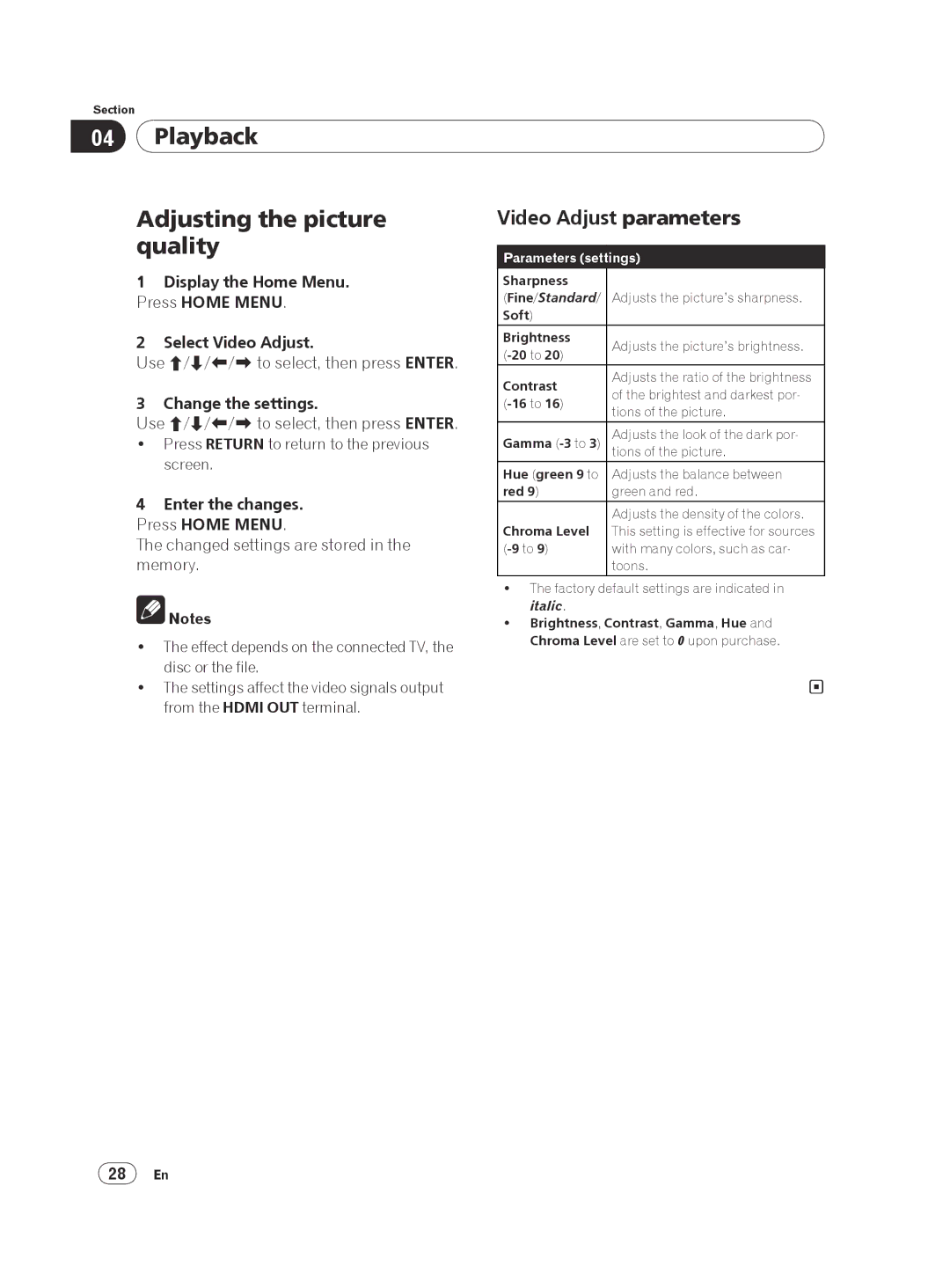 Pioneer DVP 420K, DV-420V-K operating instructions Playback Adjusting the picture quality, Video Adjust parameters 