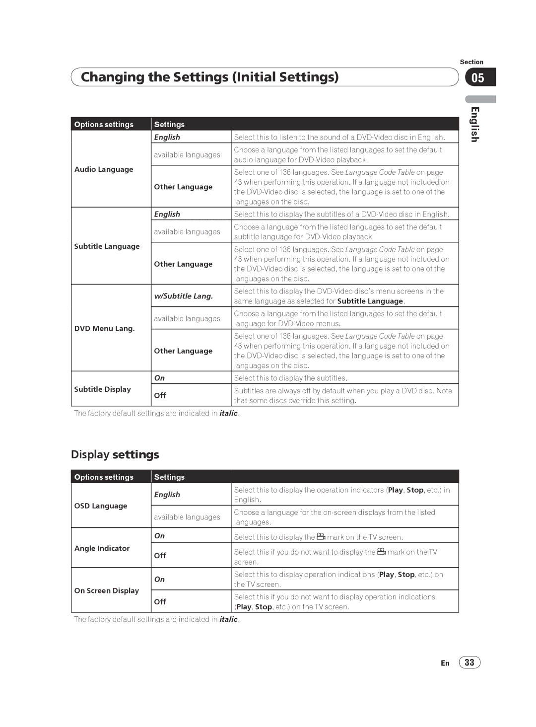 Pioneer DV-420V-K, DVP 420K operating instructions Display settings 