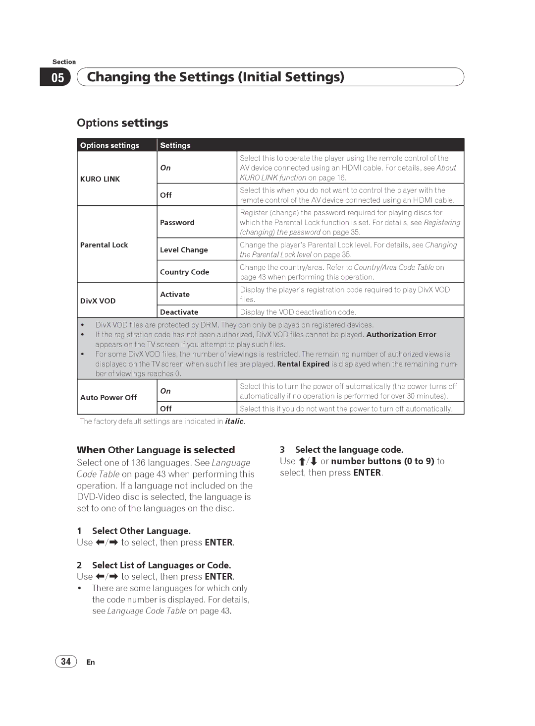 Pioneer DVP 420K, DV-420V-K operating instructions Options settings, When Other Language is selected, Select Other Language 