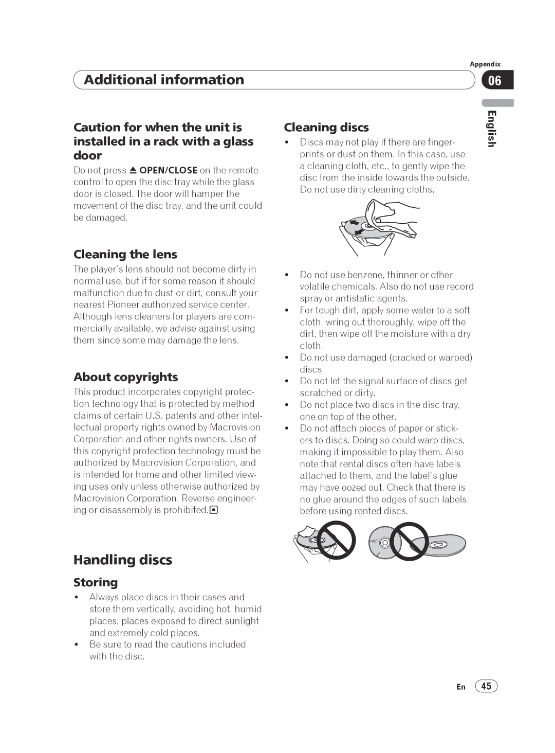 Pioneer DV-420V-K, DVP 420K Handling discs, Cleaning discs, Cleaning the lens, About copyrights, Storing 