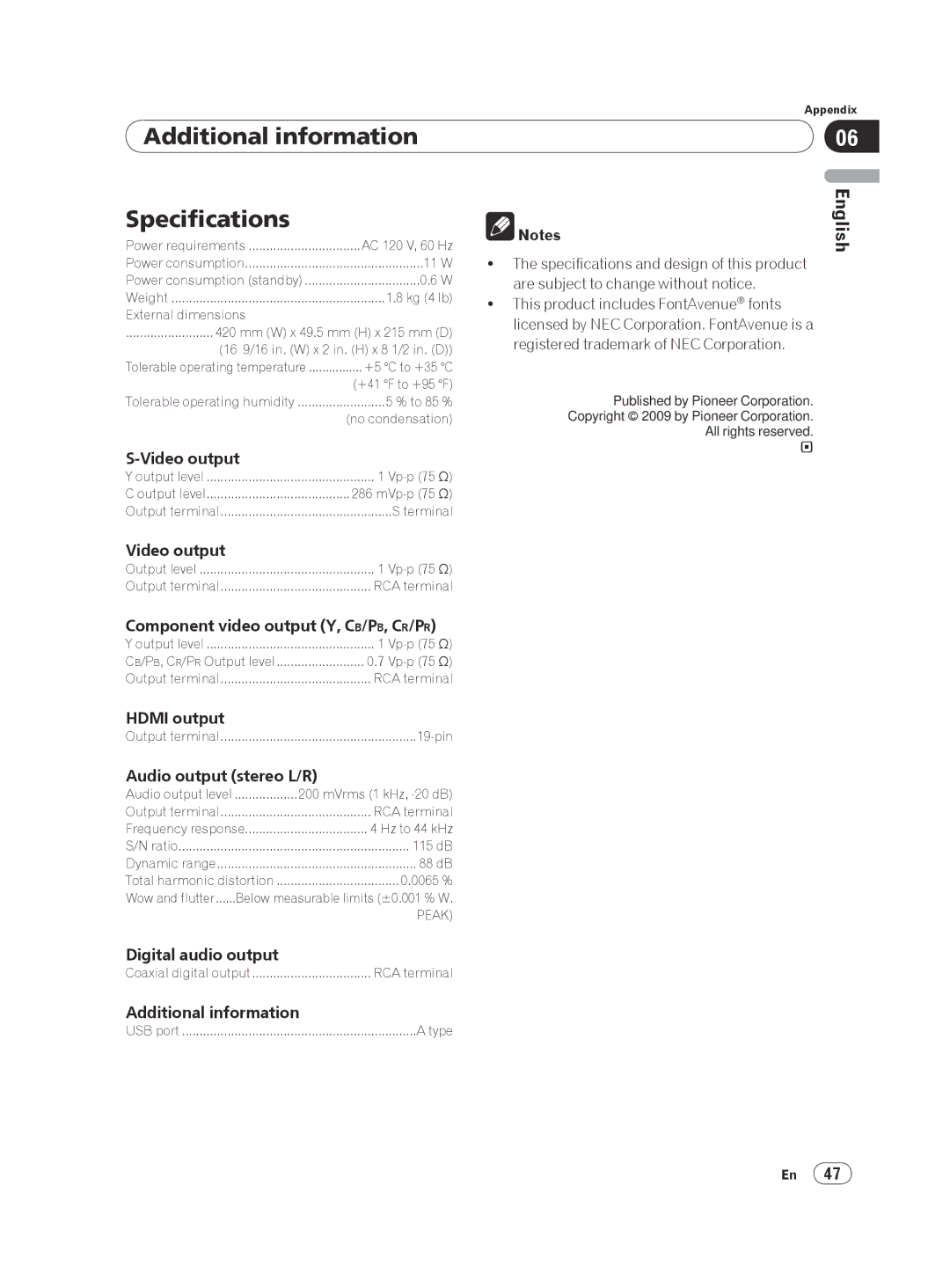 Pioneer DV-420V-K, DVP 420K operating instructions Additional information Specifications 