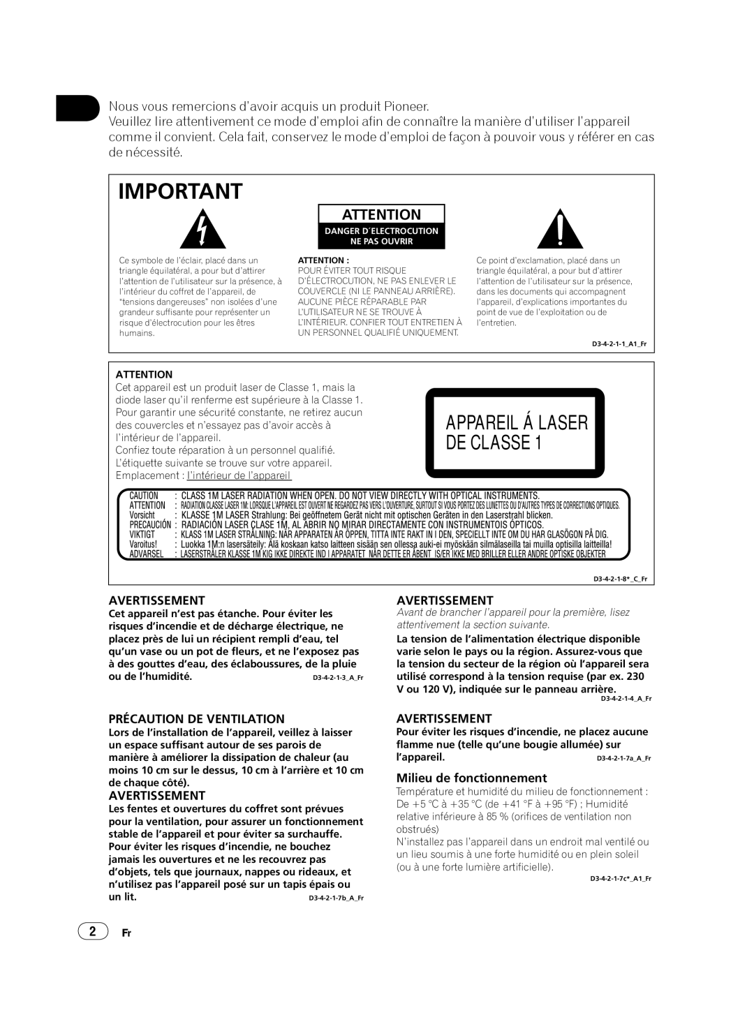 Pioneer DVP 420K, DV-420V-K operating instructions Avertissement, Précaution DE Ventilation, Milieu de fonctionnement 