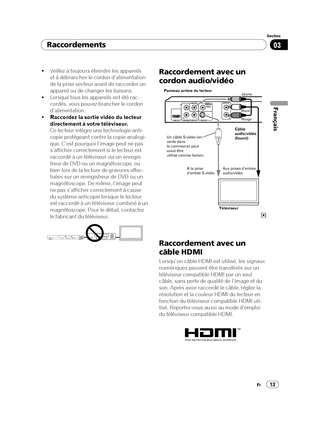 Pioneer DV-420V-K, DVP 420K Raccordements, Raccordement avec un Cordon audio/vidéo, Raccordement avec un câble Hdmi 