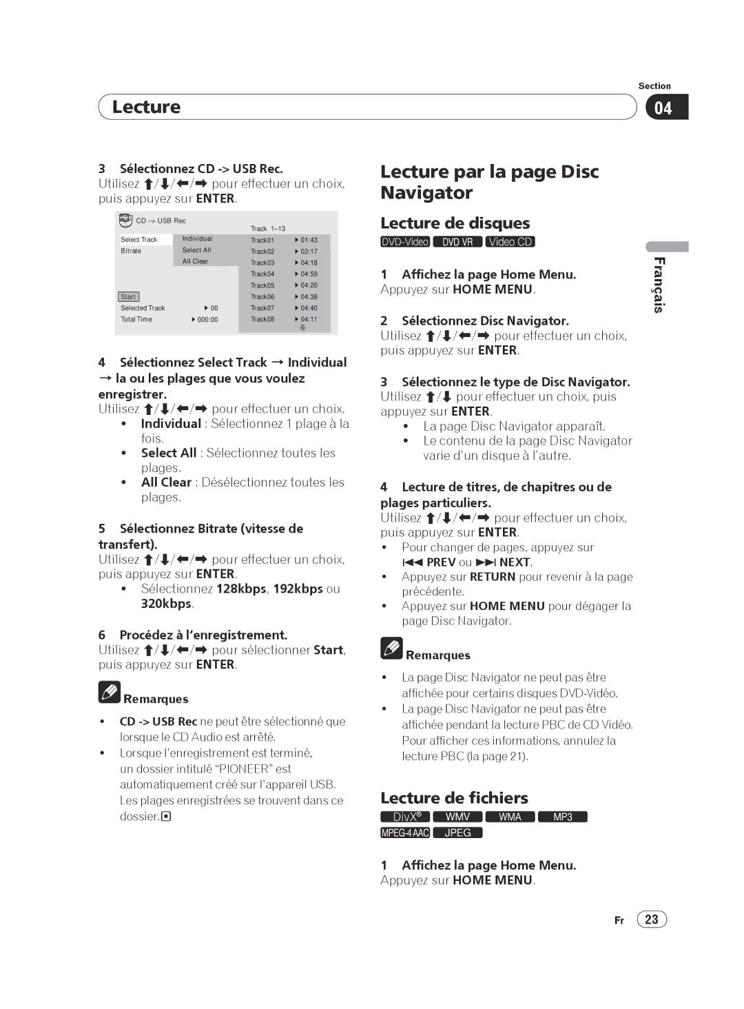 Pioneer DV-420V-K, DVP 420K Lecture par la page Disc Navigator, Lecture de disques, Lecture de fichiers 