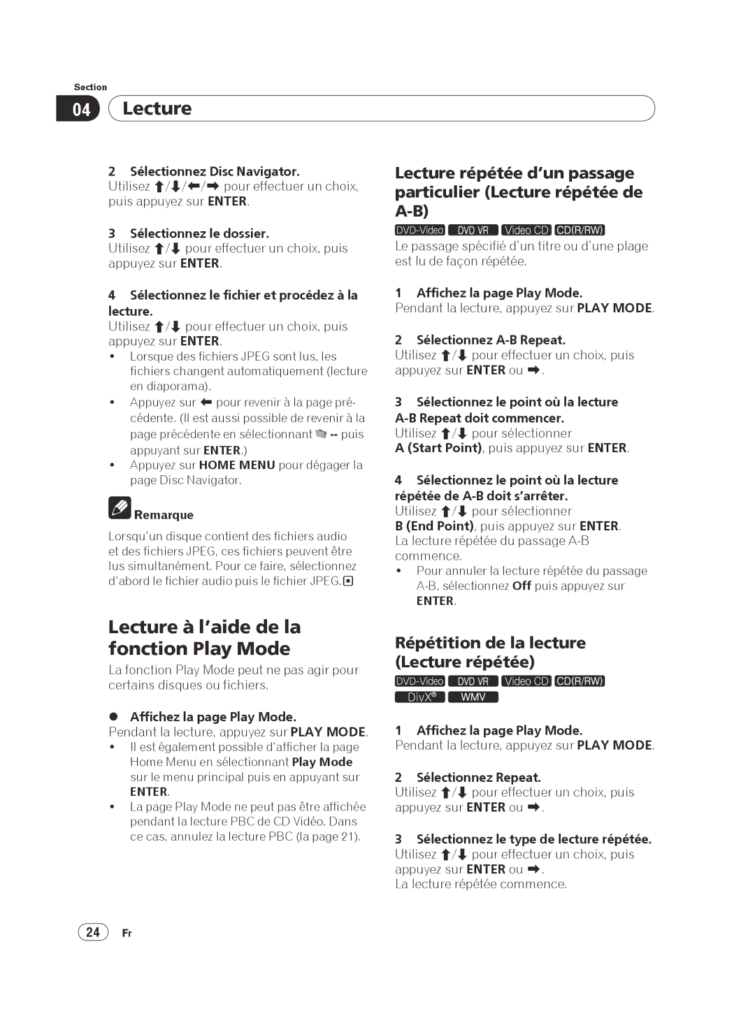 Pioneer DVP 420K, DV-420V-K Lecture à l’aide de la fonction Play Mode, Répétition de la lecture Lecture répétée 