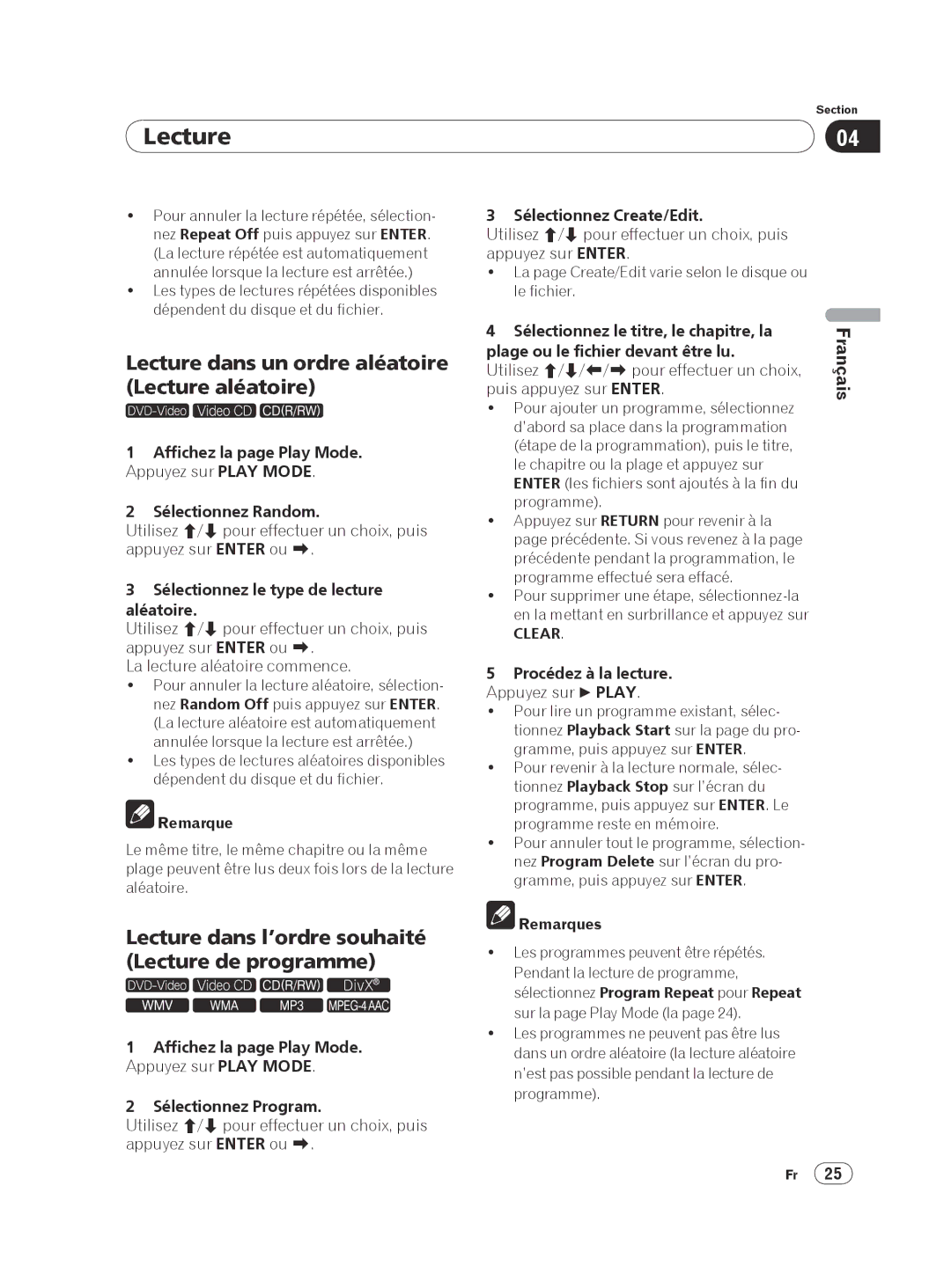 Pioneer DV-420V-K Lecture dans un ordre aléatoire Lecture aléatoire, Lecture dans l’ordre souhaité Lecture de programme 