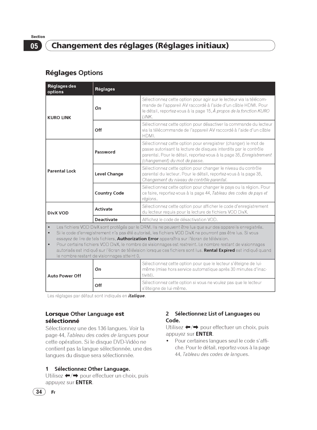 Pioneer DVP 420K, DV-420V-K Réglages Options, Lorsque Other Language est sélectionné, Parental Lock, 34 Fr 