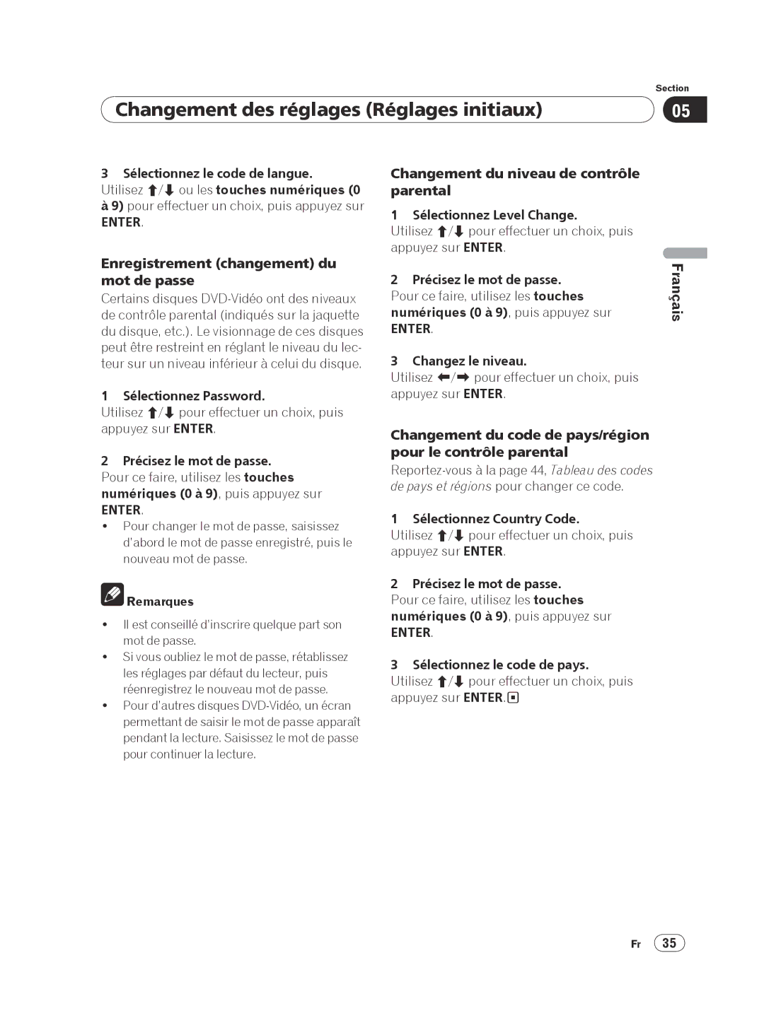 Pioneer DV-420V-K, DVP 420K Enregistrement changement du mot de passe, Changement du niveau de contrôle parental 