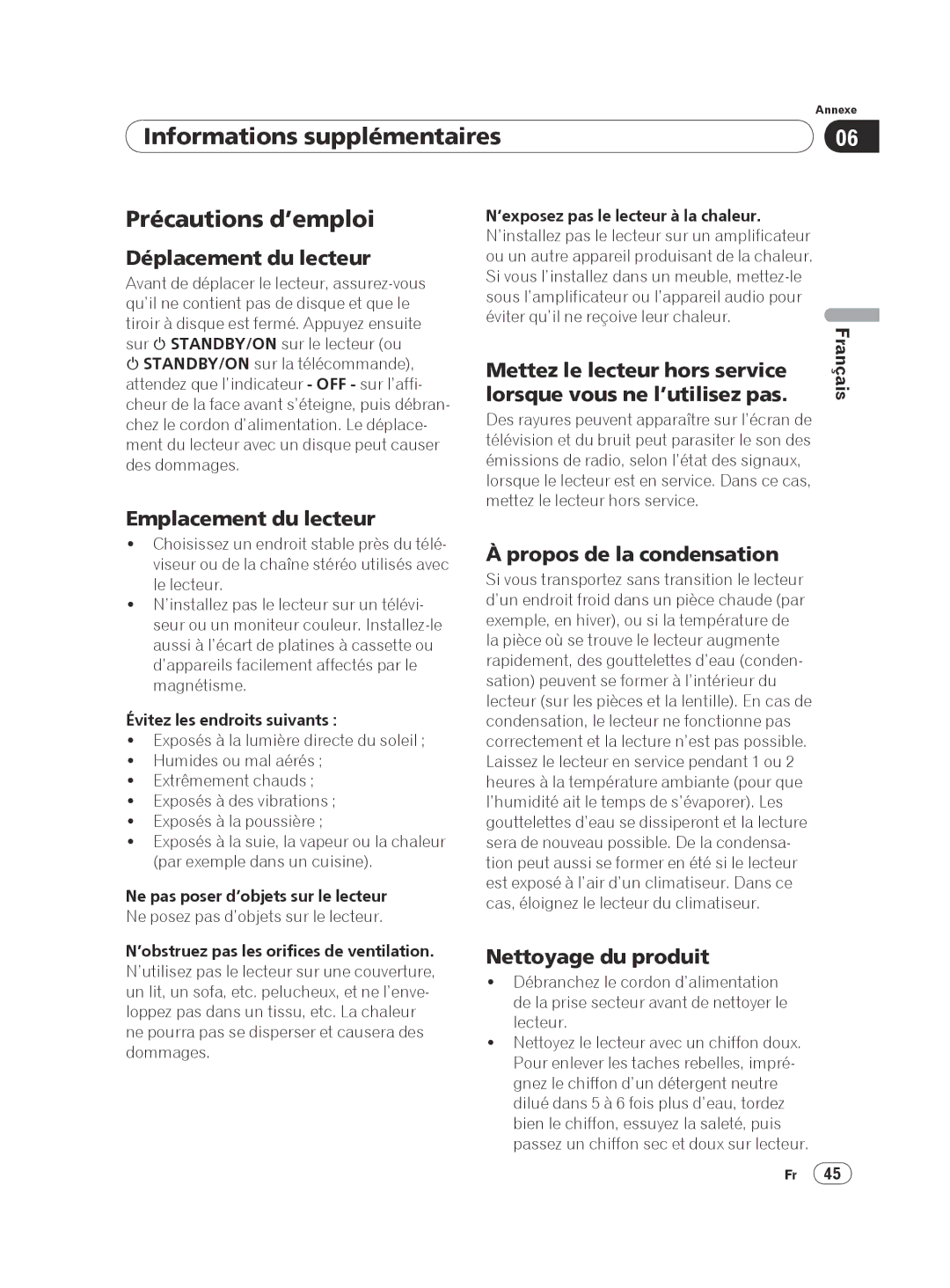 Pioneer DV-420V-K Informations supplémentaires Précautions d’emploi, Déplacement du lecteur, Emplacement du lecteur 