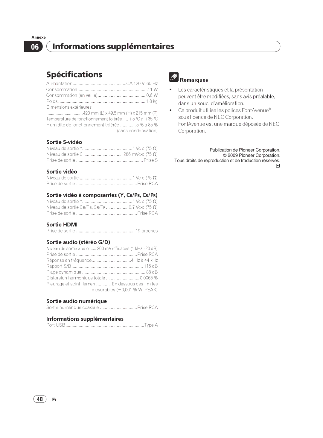 Pioneer DVP 420K, DV-420V-K operating instructions Informations supplémentaires Spécifications 