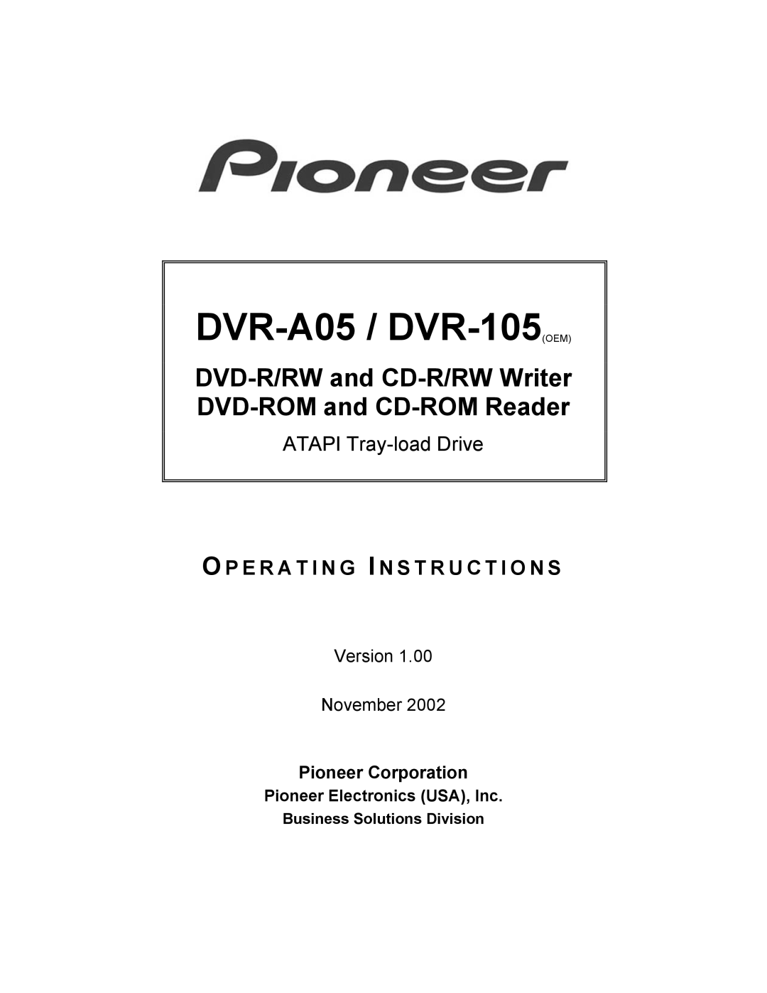 Pioneer operating instructions DVR-A05 / DVR-105OEM, Business Solutions Division 