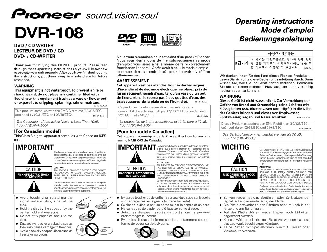 Pioneer DVR-108 manual Avertissement, Warnung 