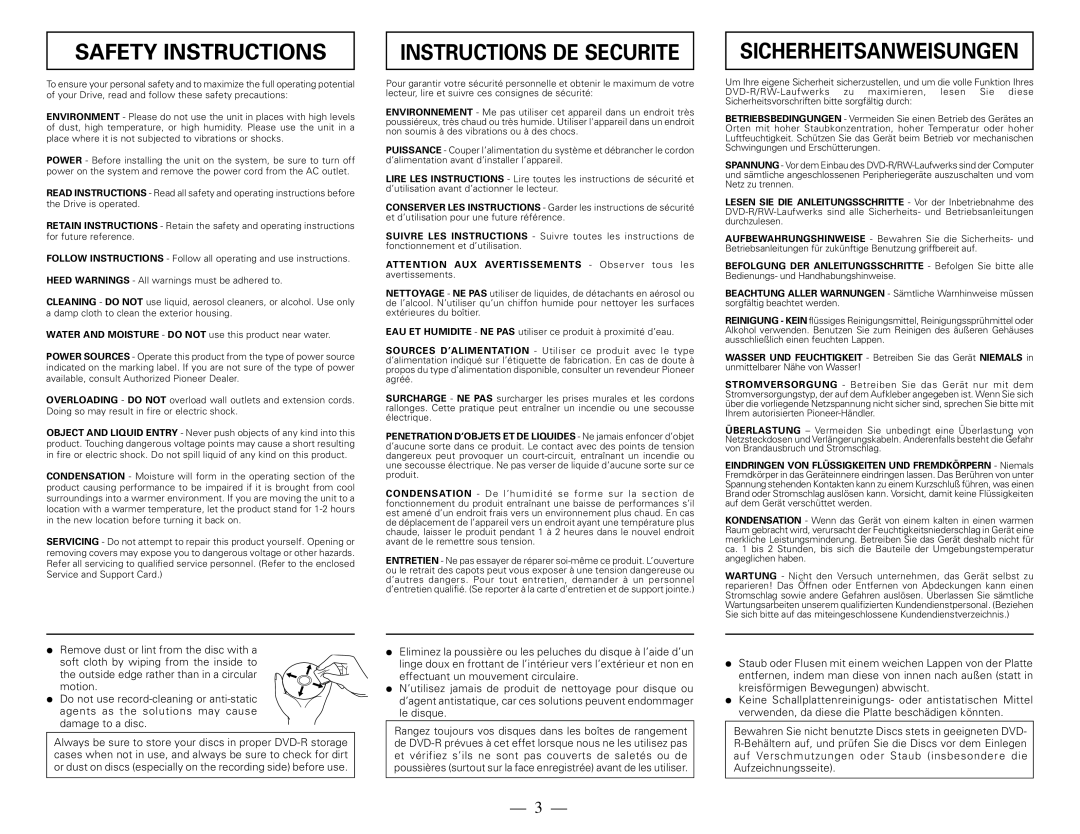 Pioneer DVR-108 manual Safety Instructions, Instructions DE Securite 