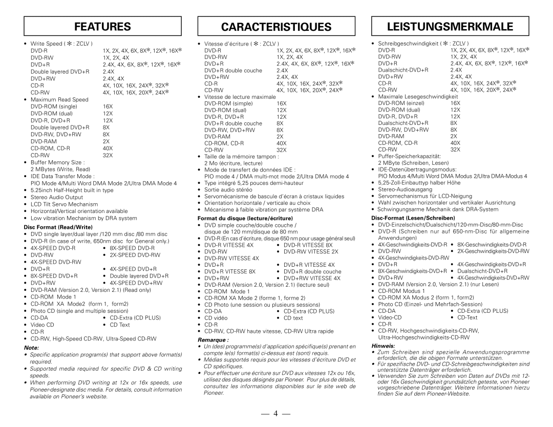 Pioneer DVR-108 manual Features, Caracteristiques, Leistungsmerkmale 