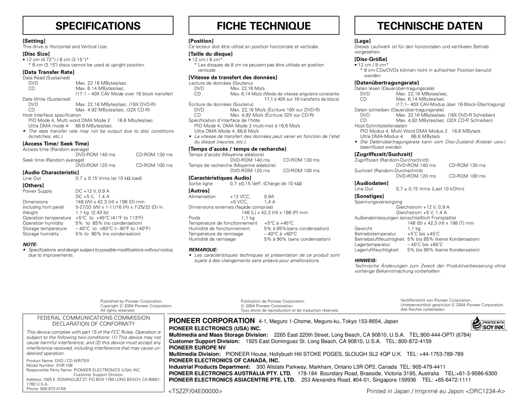 Pioneer DVR-108 manual Specifications, Fiche Technique, Technische Daten 