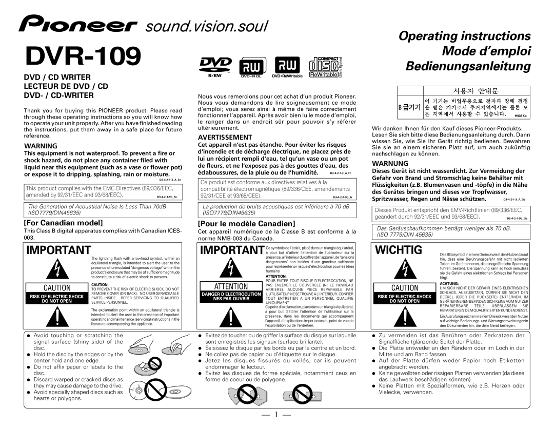 Pioneer DVR-109 manual Avertissement, Warnung 