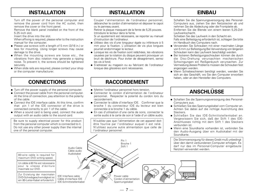 Pioneer DVR-109 manual Installation, Einbau, Connections Raccordement, Anschlüsse 