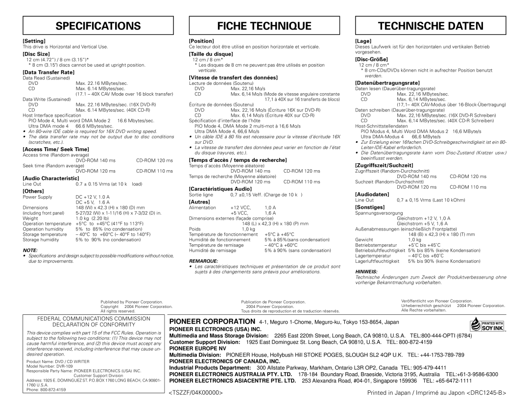 Pioneer DVR-109 manual Specifications, Fiche Technique, Technische Daten 