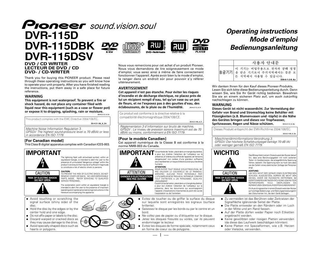 Pioneer DVR-115DBK, DVR-115DSV operating instructions Warnung 