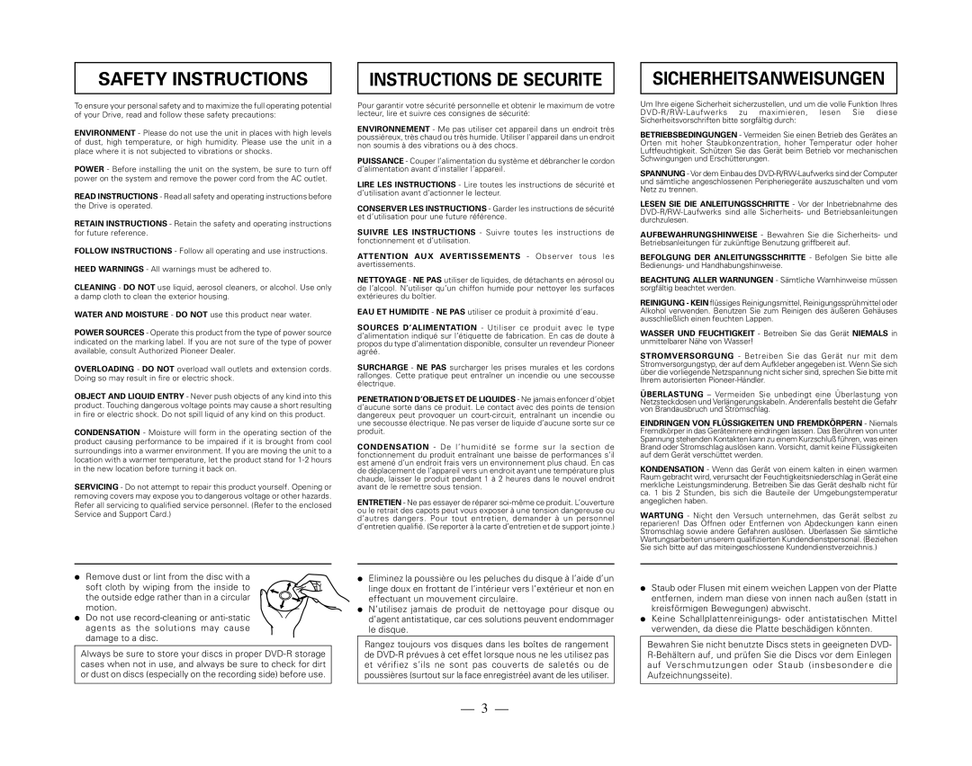 Pioneer DVR-115DSV, DVR-115DBK operating instructions Safety Instructions, Instructions DE Securite 