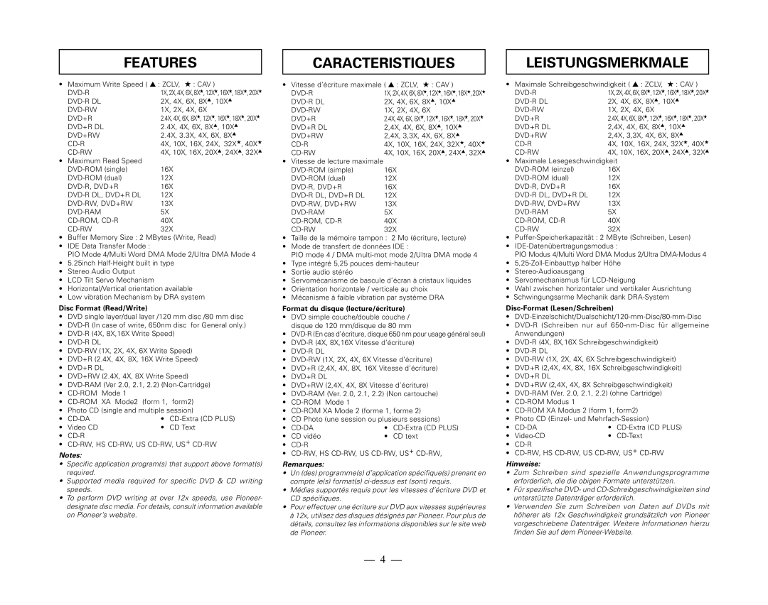 Pioneer DVR-115DBK, DVR-115DSV operating instructions Features, Caracteristiques, Leistungsmerkmale 