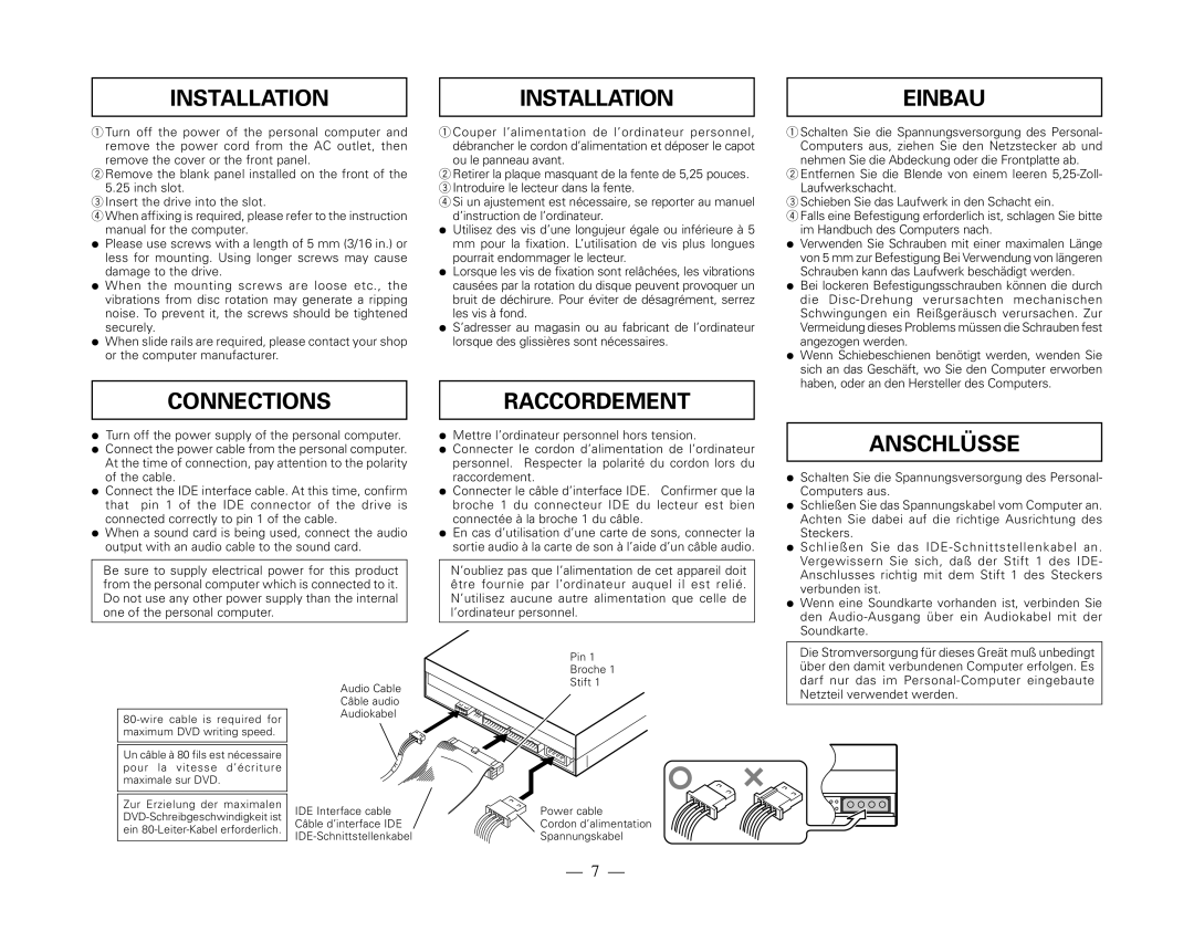 Pioneer DVR-115DBK, DVR-115DSV operating instructions Installation, Einbau, Connections Raccordement, Anschlüsse 