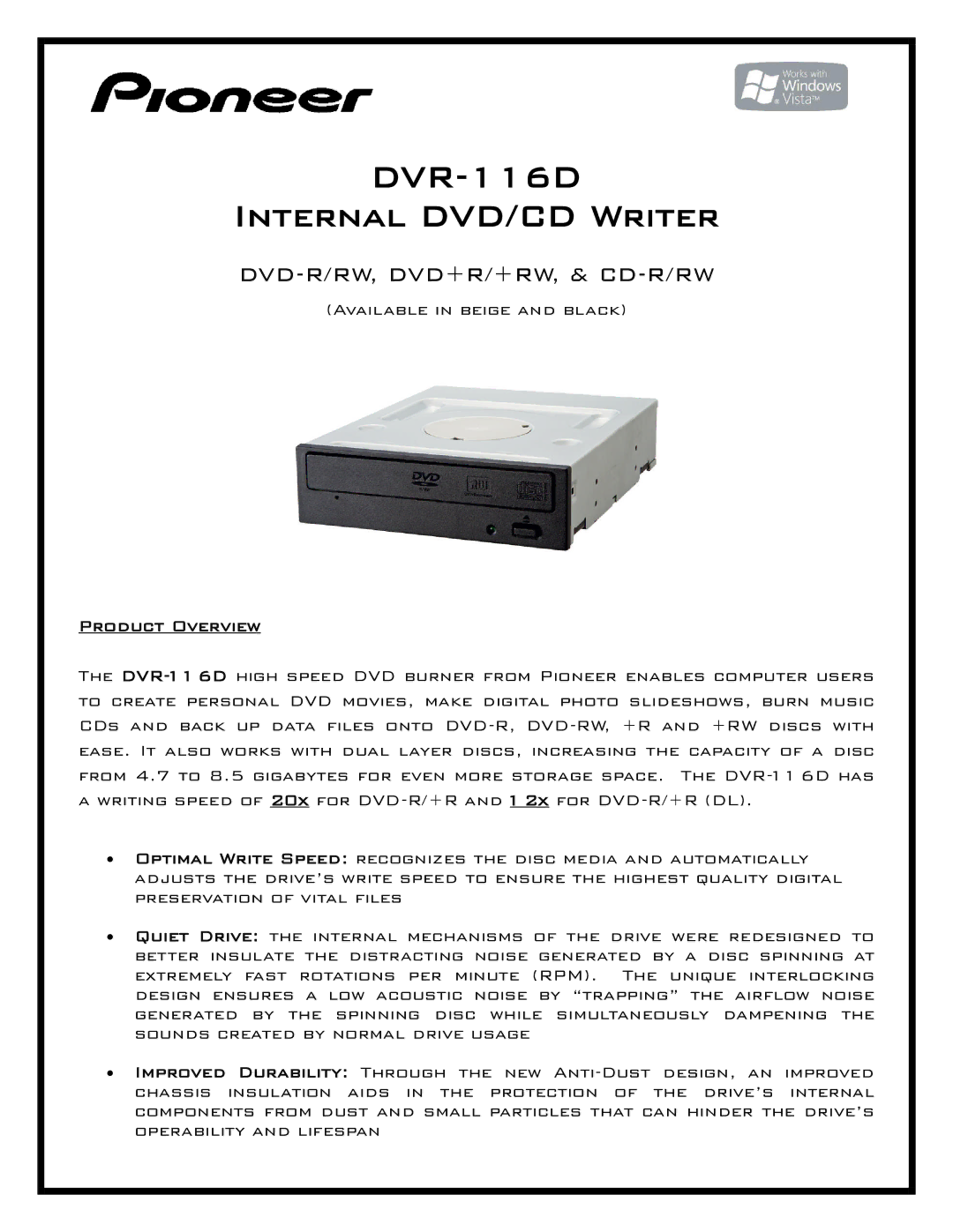 Pioneer manual DVR-116D Internal DVD/CD Writer, Dvd-R/Rw, Dvd+R/+Rw, & Cd-R/Rw, Product Overview 