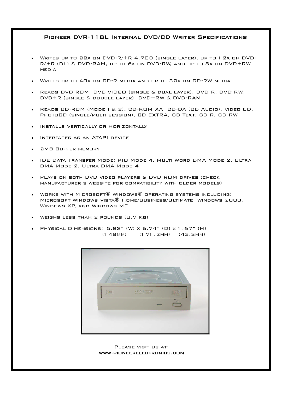 Pioneer manual Pioneer DVR-118L Internal DVD/CD Writer Specifications 