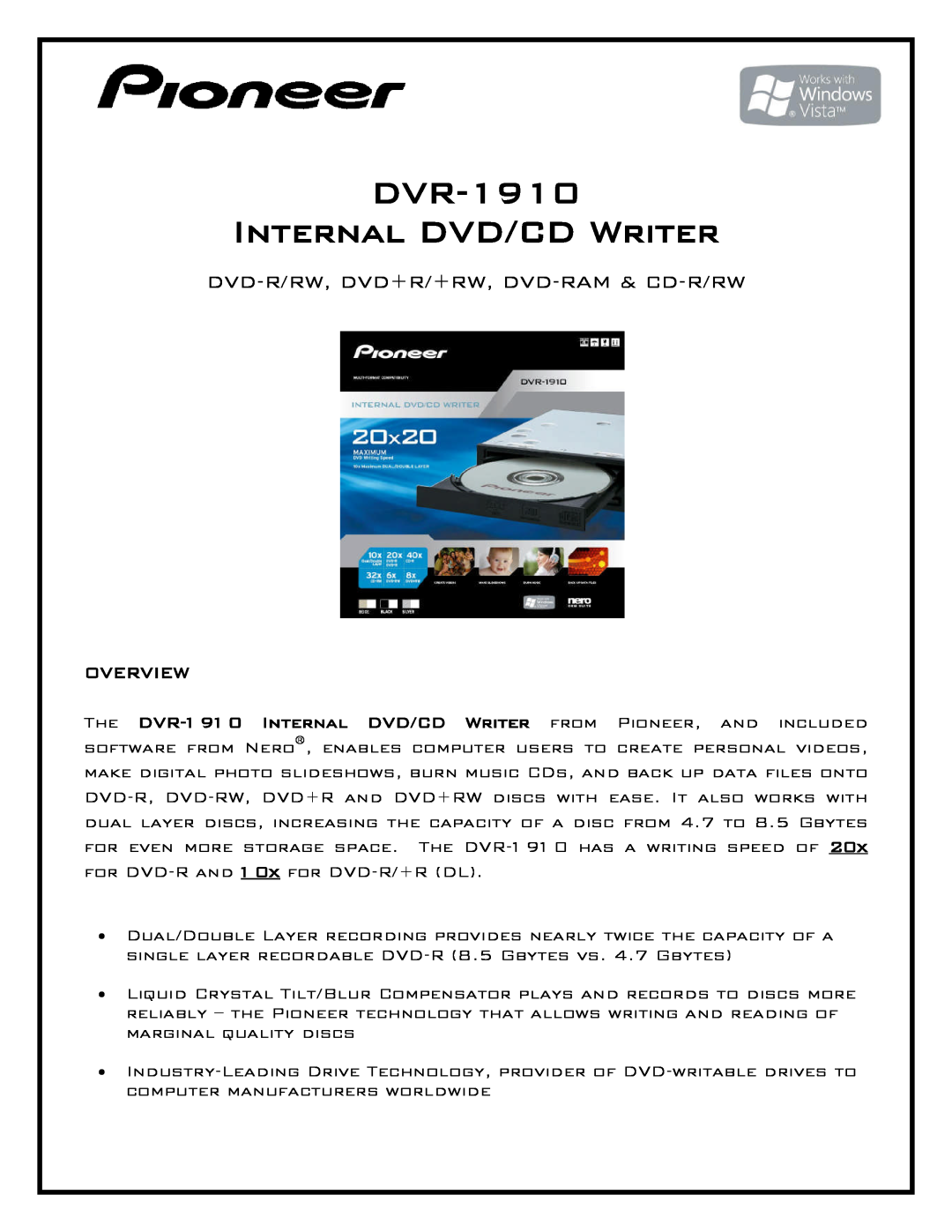 Pioneer manual DVR-1910 Internal DVD/CD Writer, Dvd-R/Rw, Dvd+R/+Rw, Dvd-Ram & Cd-R/Rw, Overview 