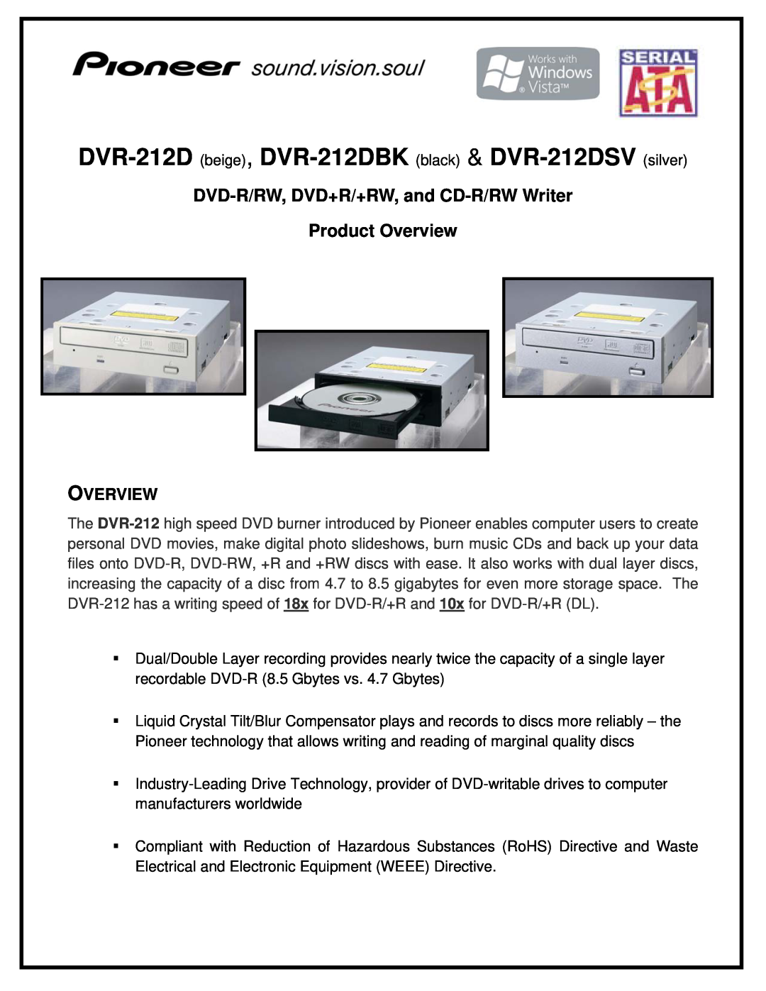 Pioneer manual DVR-212D beige, DVR-212DBK black & DVR-212DSV silver, Overview 