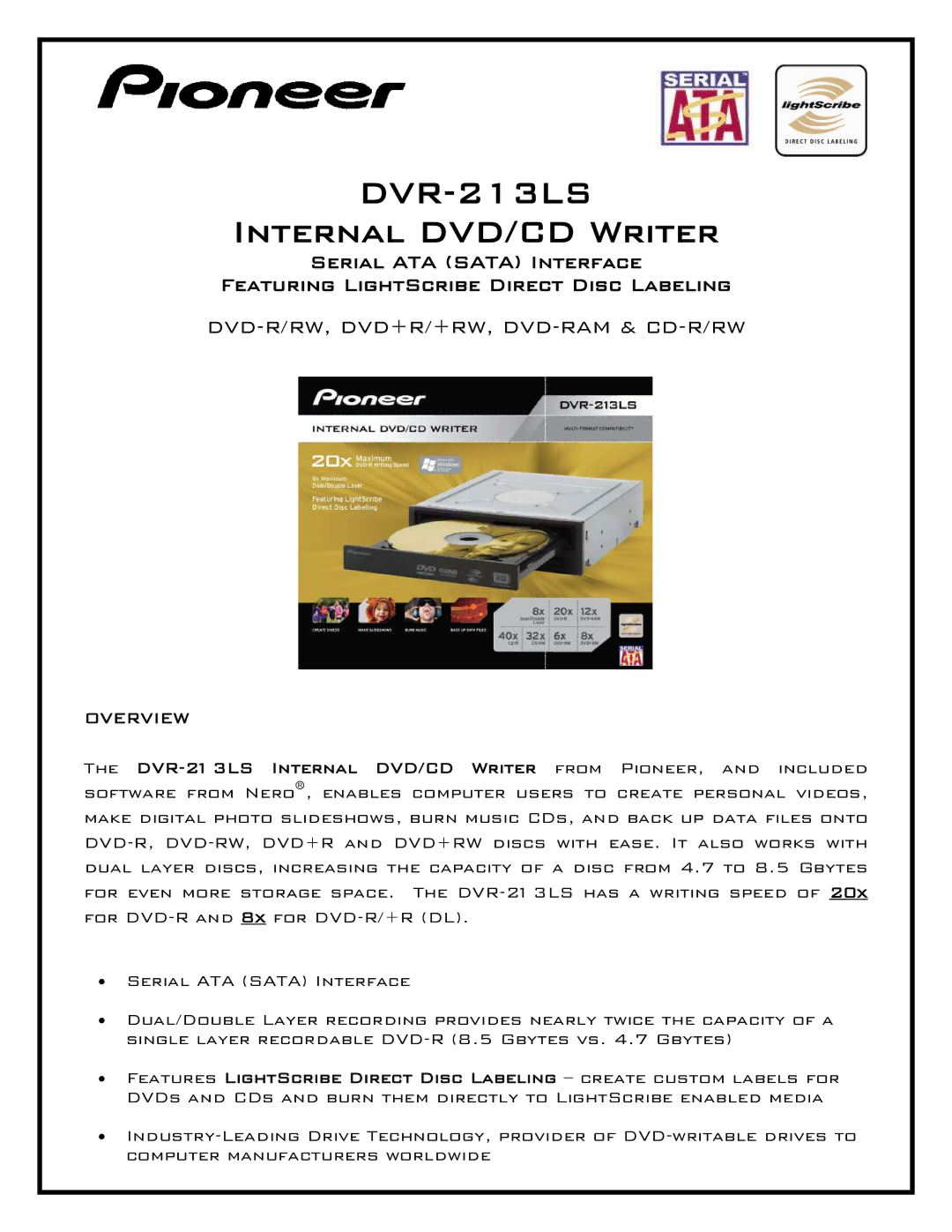 Pioneer DVR-213LS manual Internal DVD/CD Writer, Dvd-R/Rw, Dvd+R/+Rw, Dvd-Ram & Cd-R/Rw, Overview 