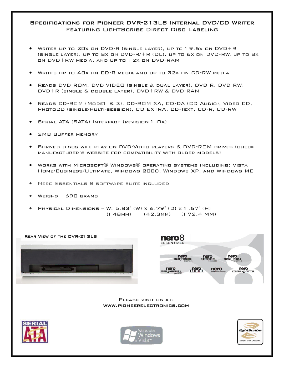 Pioneer manual Specifications for Pioneer DVR-213LS Internal DVD/CD Writer, Featuring LightScribe Direct Disc Labeling 