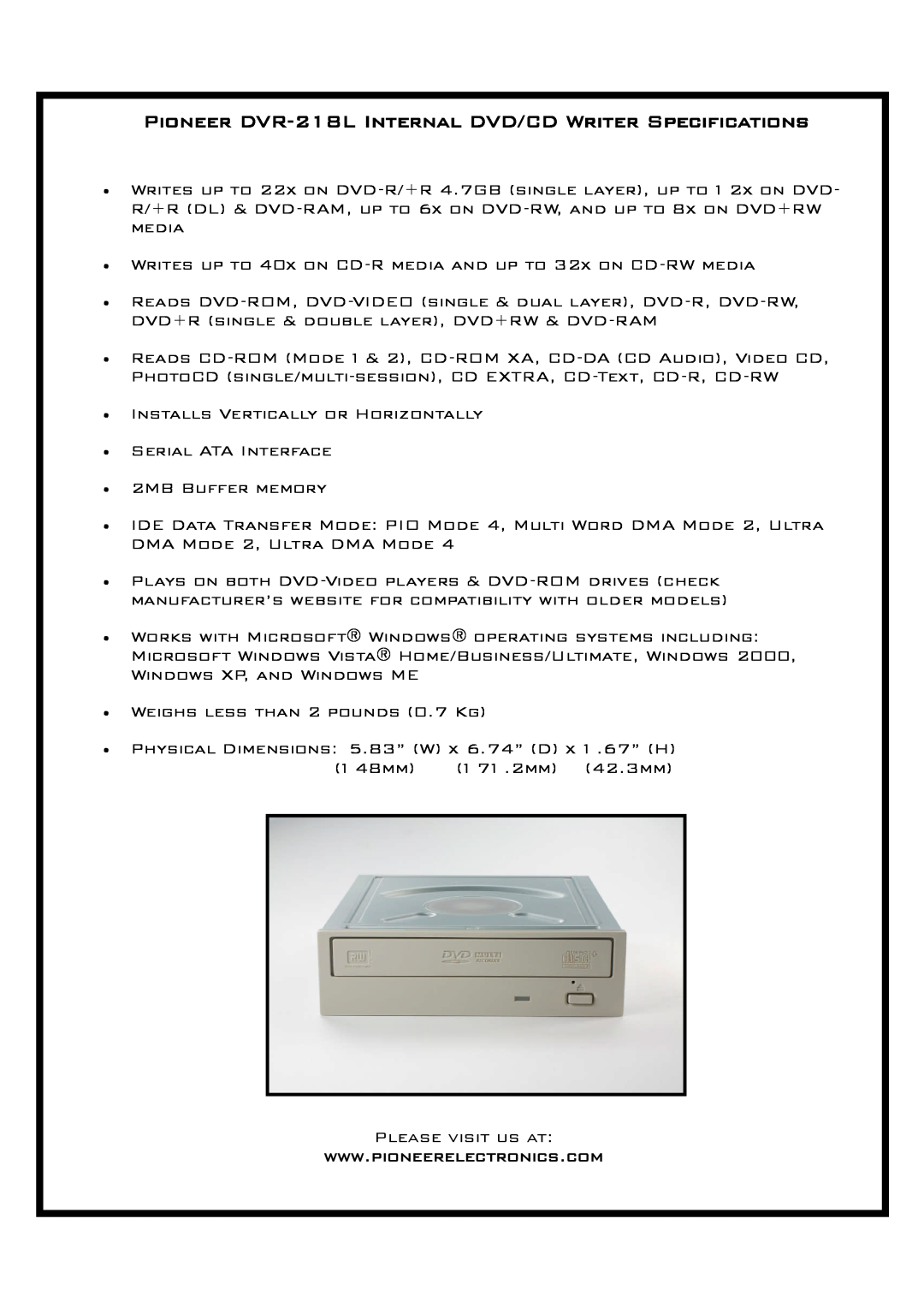 Pioneer manual Pioneer DVR-218L Internal DVD/CD Writer Specifications 