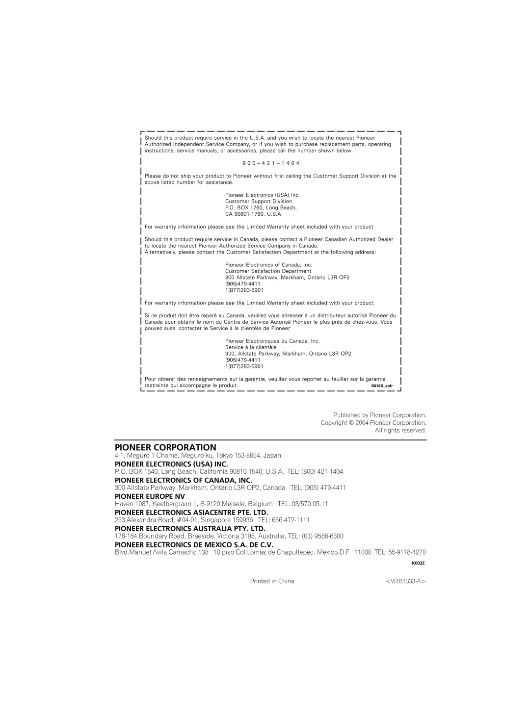 Pioneer DVR-220 operating instructions Pioneer Corporation, VRB1333-A 