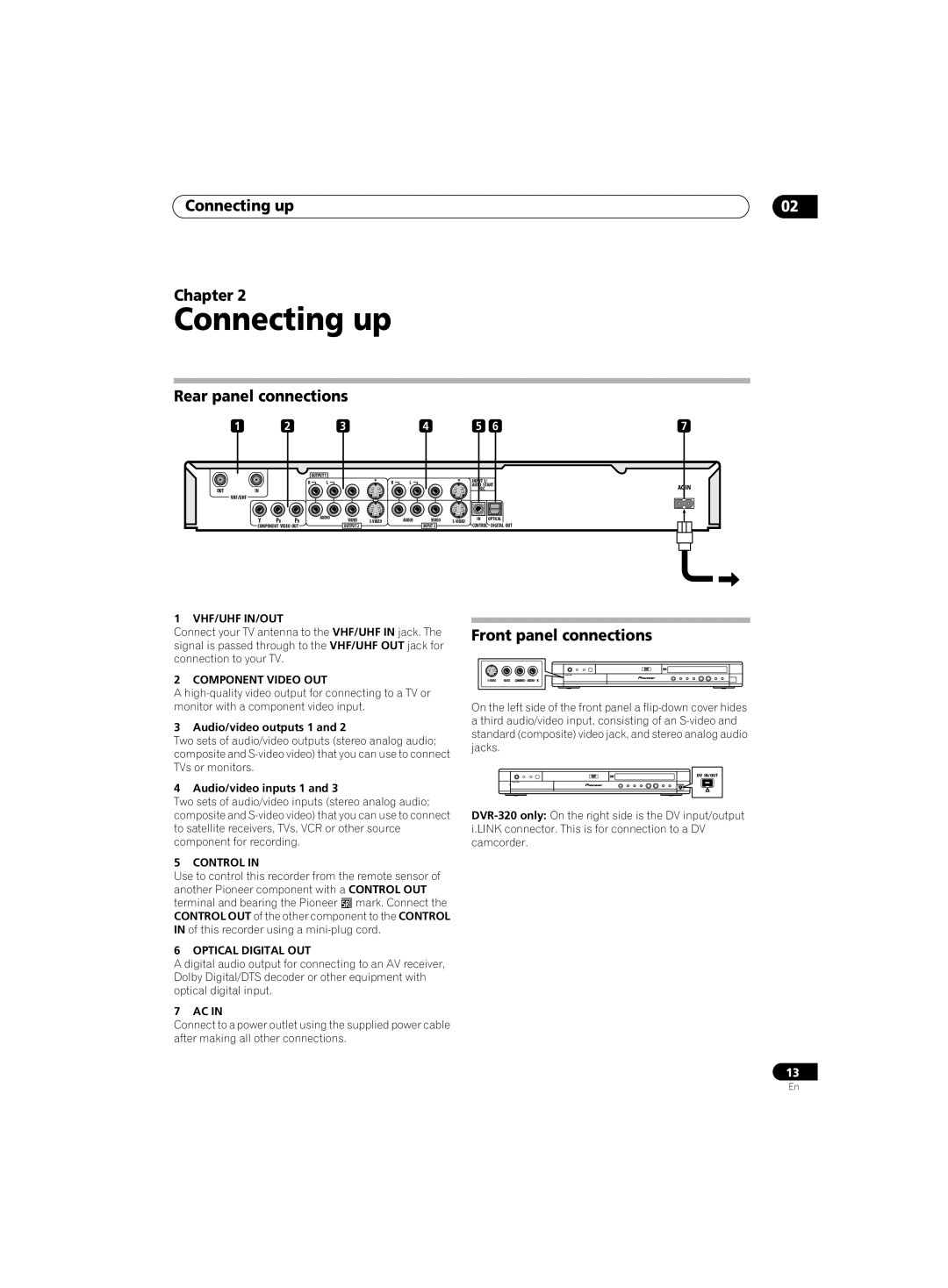 Pioneer DVR-220 operating instructions Connecting up Chapter, Rear panel connections, Front panel connections 