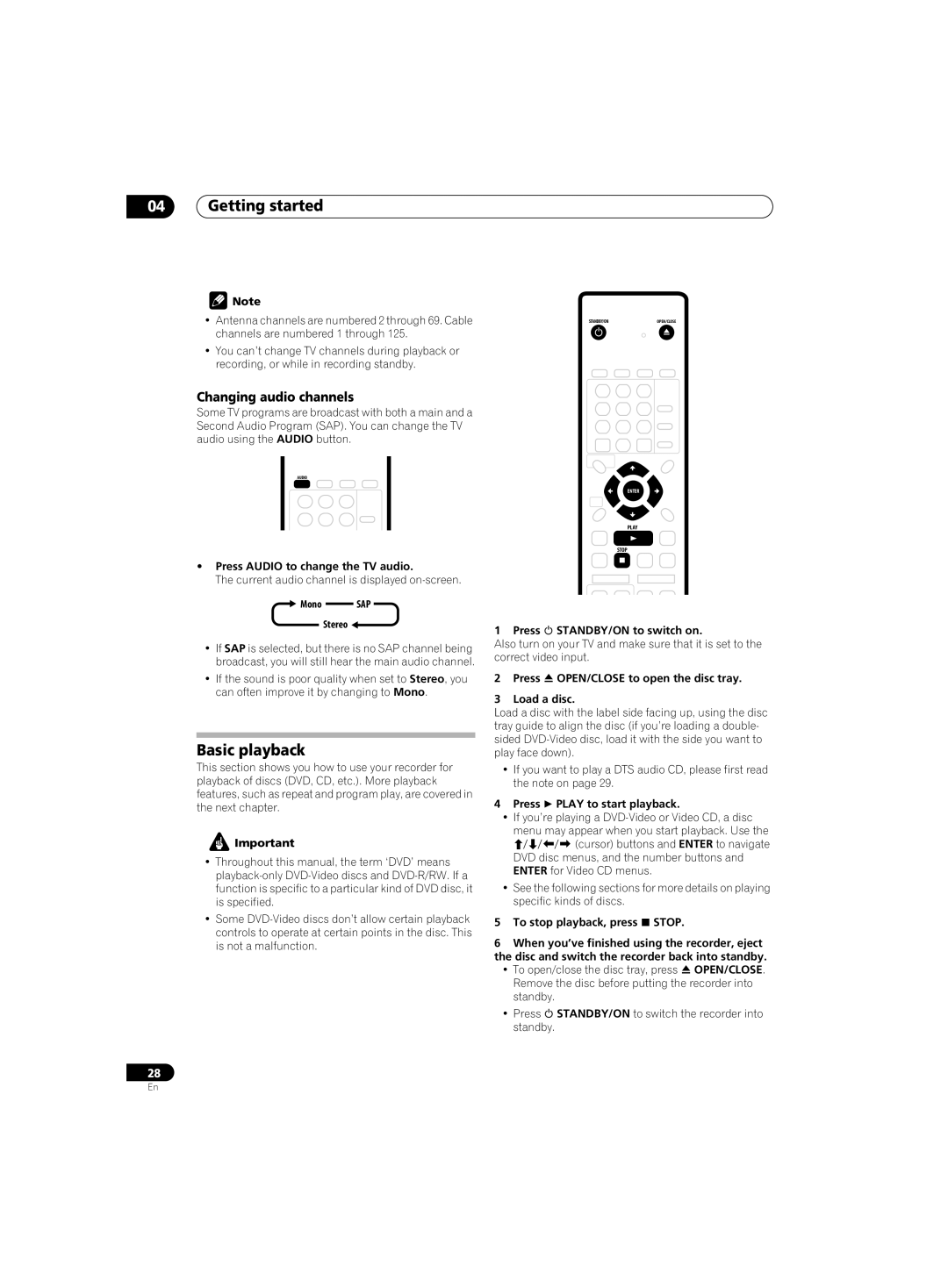 Pioneer DVR-220 operating instructions Basic playback, Changing audio channels 