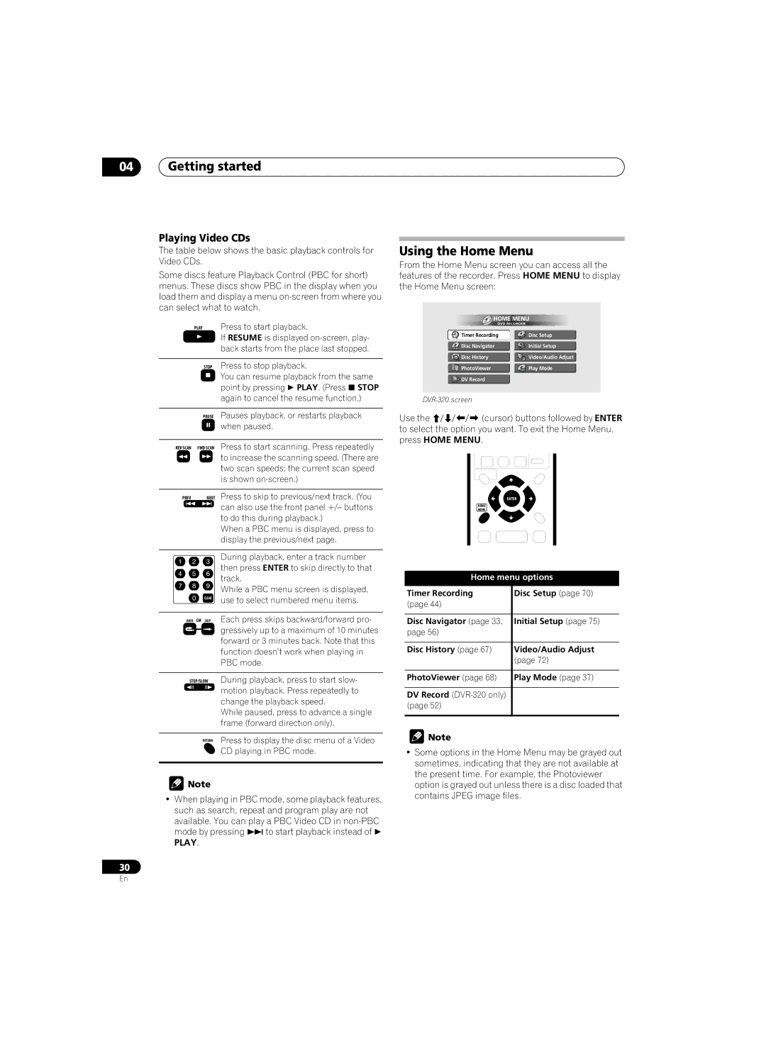 Pioneer DVR-220 operating instructions Using the Home Menu, Playing Video CDs 