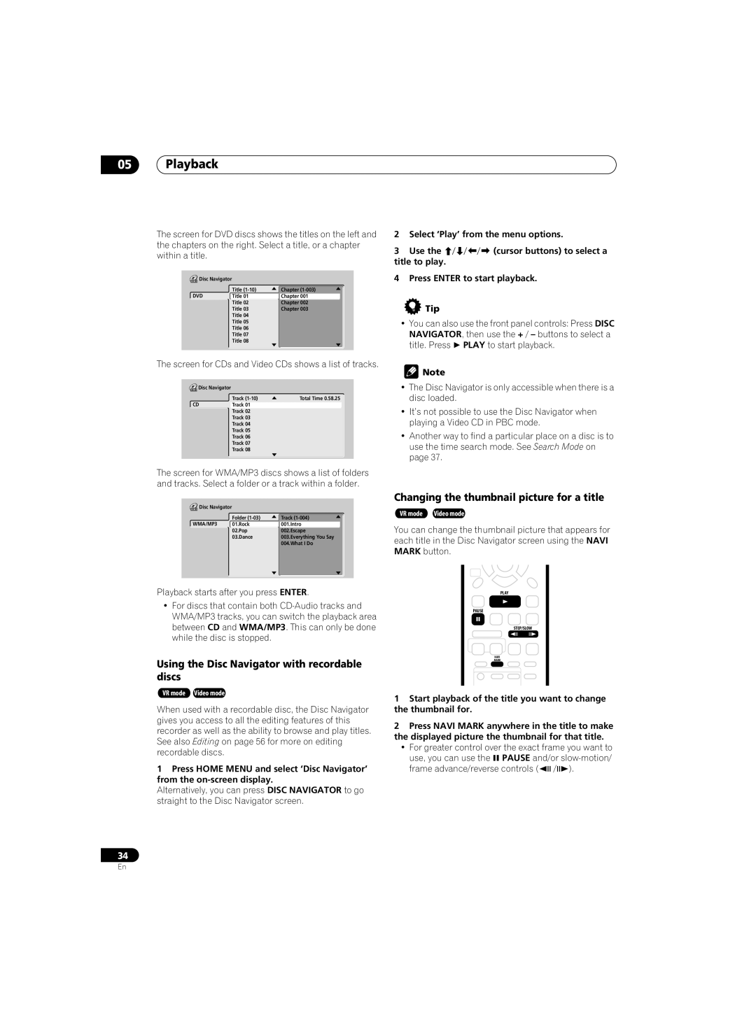 Pioneer DVR-220 Playback, Using the Disc Navigator with recordable discs, Changing the thumbnail picture for a title 