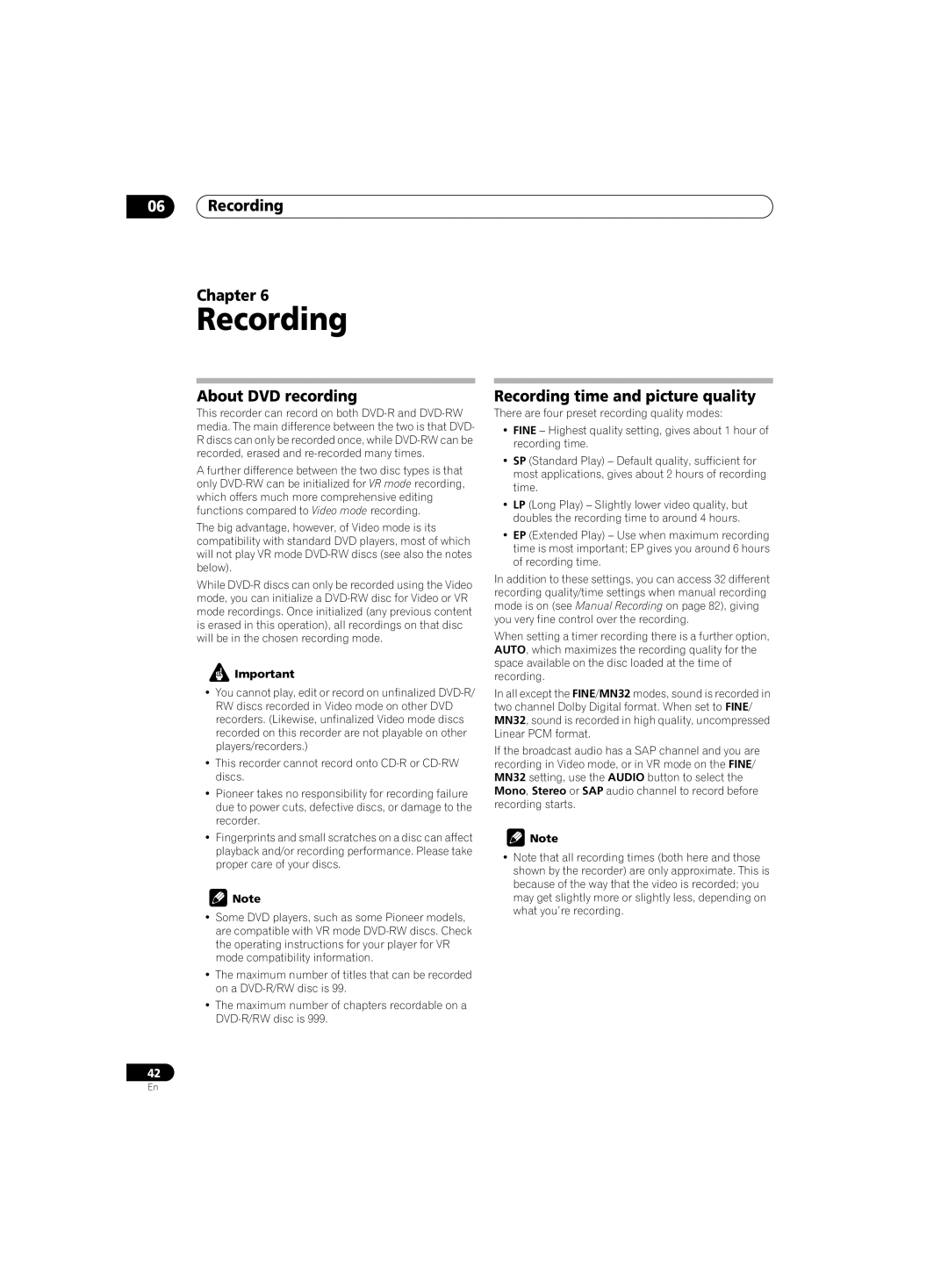 Pioneer DVR-220 operating instructions Recording Chapter, About DVD recording, Recording time and picture quality 