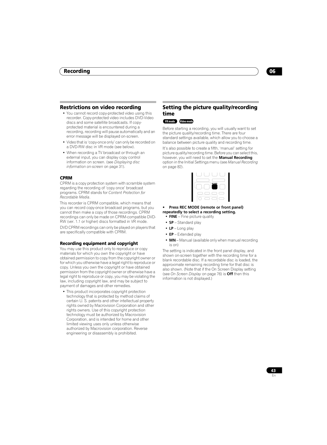 Pioneer DVR-220 Recording Restrictions on video recording, Setting the picture quality/recording time 