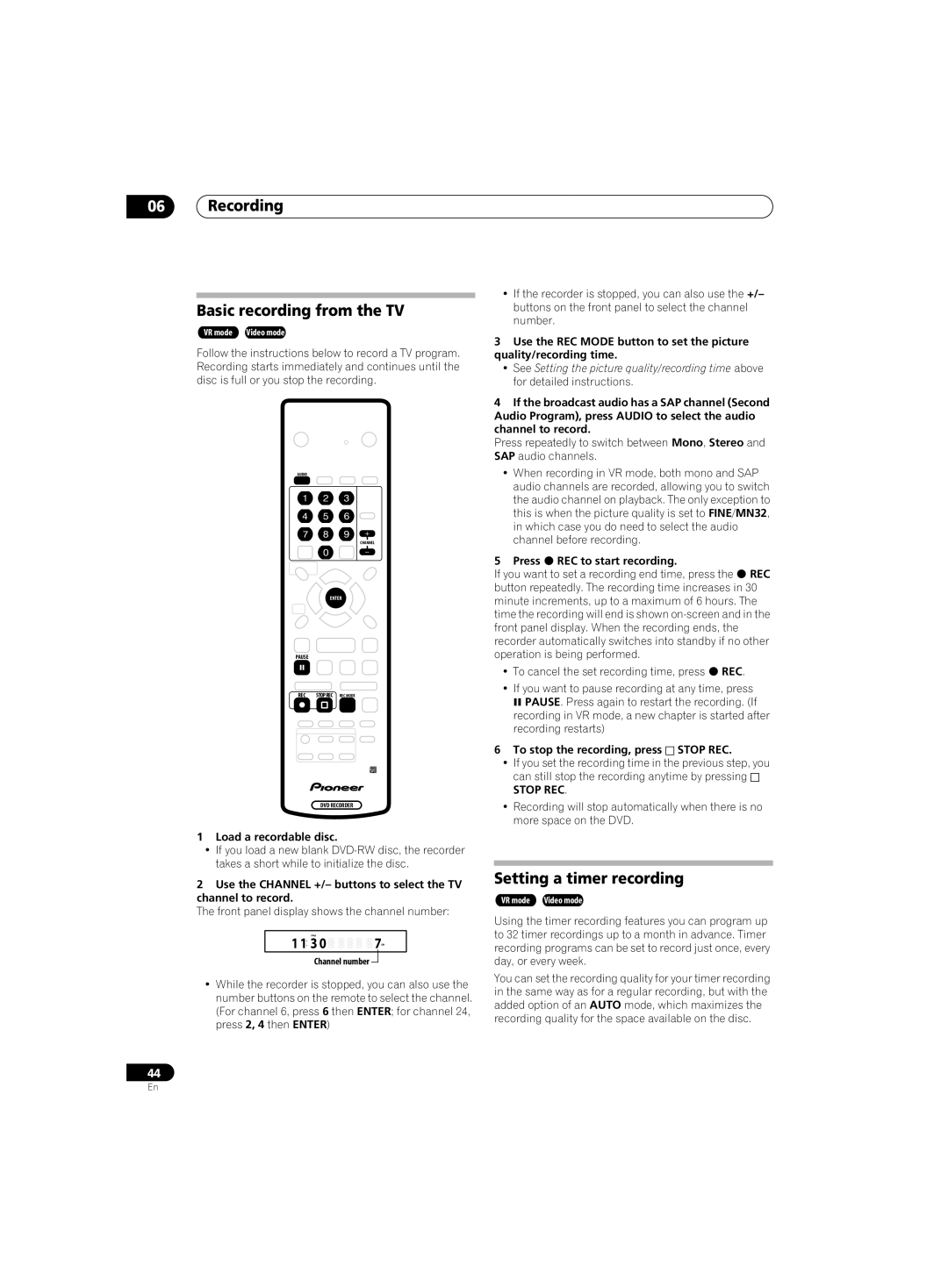 Pioneer DVR-220 Recording Basic recording from the TV, Setting a timer recording, Load a recordable disc 