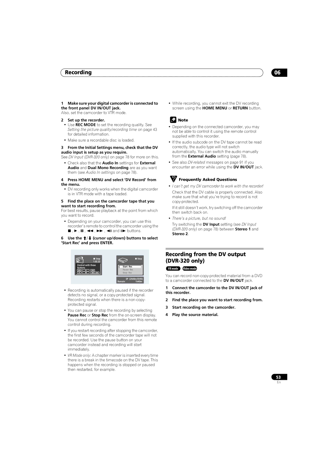 Pioneer DVR-220 operating instructions Recording from the DV output DVR-320 only, Also, set the camcorder to VTR mode 