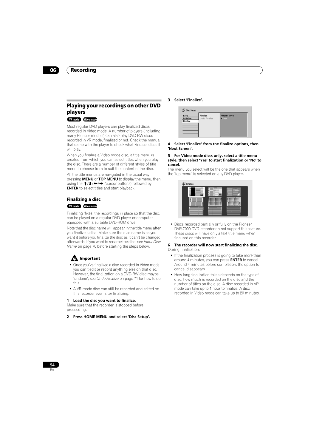 Pioneer DVR-220 operating instructions Recording Playing your recordings on other DVD players, Finalizing a disc 