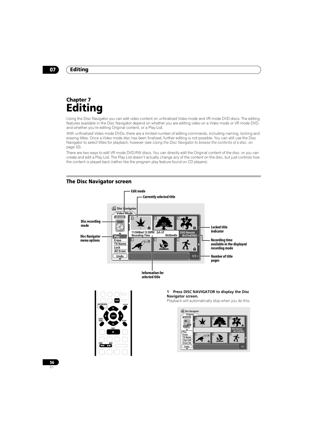 Pioneer DVR-220 operating instructions Editing Chapter, Disc Navigator screen 