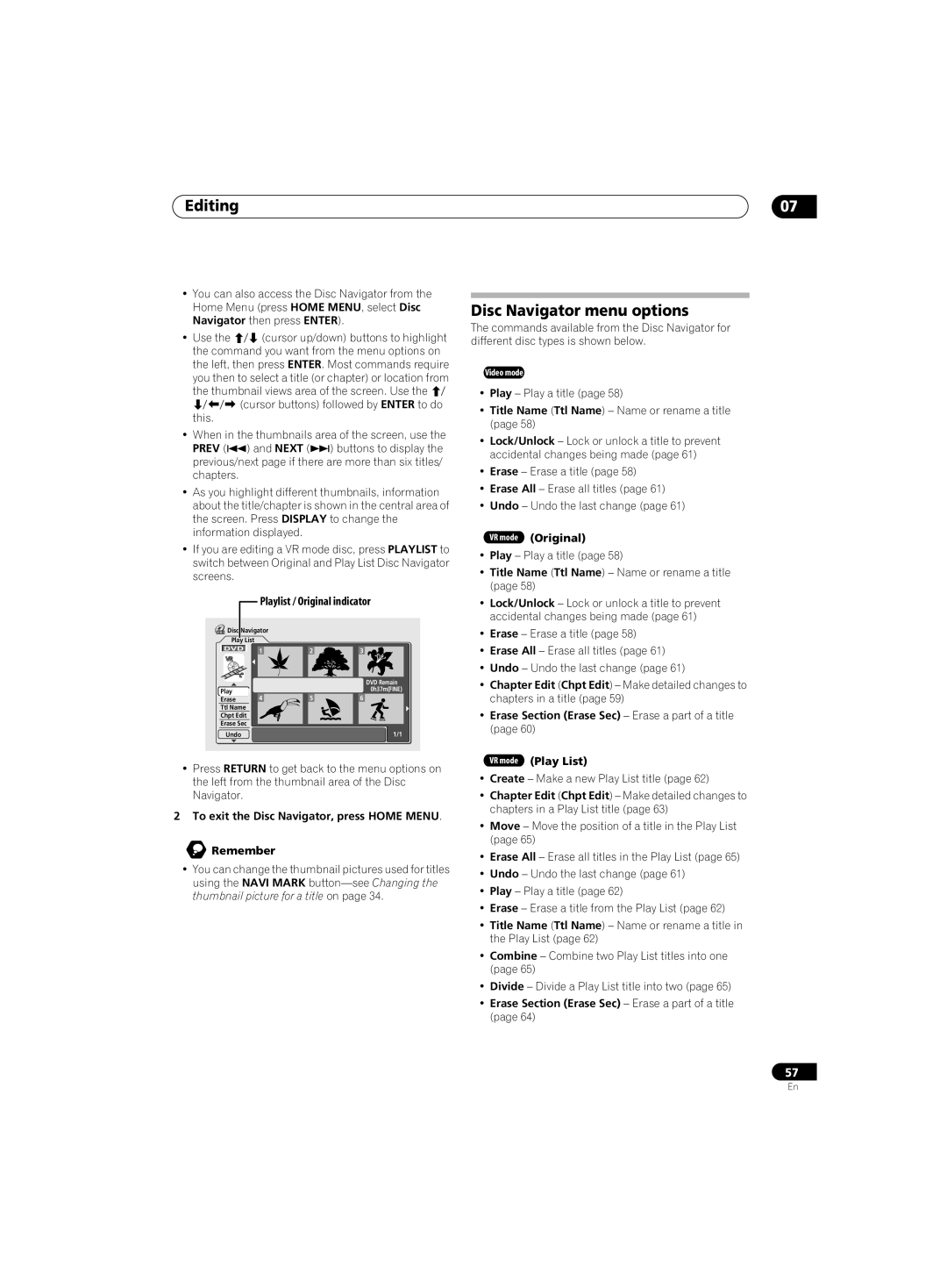 Pioneer DVR-220 operating instructions Editing, Disc Navigator menu options, Playlist / Original indicator 